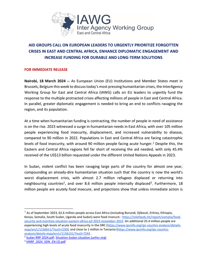 Aid Groups Call on European Leaders to Urgently Prioritize Forgotten Crises in East and Central Africa, Enhance Diplomatic Engagement and Increase Funding for Durable and Long-Term Solutions - World