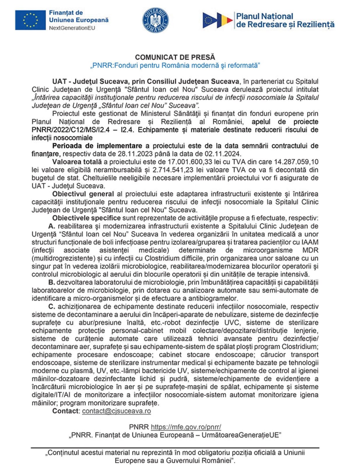 PNRR Fonduri pentru Romania moderna si reformata Intarirea capacitatii institutionale pentru reducerea riscului de infectii nosocomiale la Spitalul Judetean de Urgenta Sfantul Ioan cel Nou Suceava