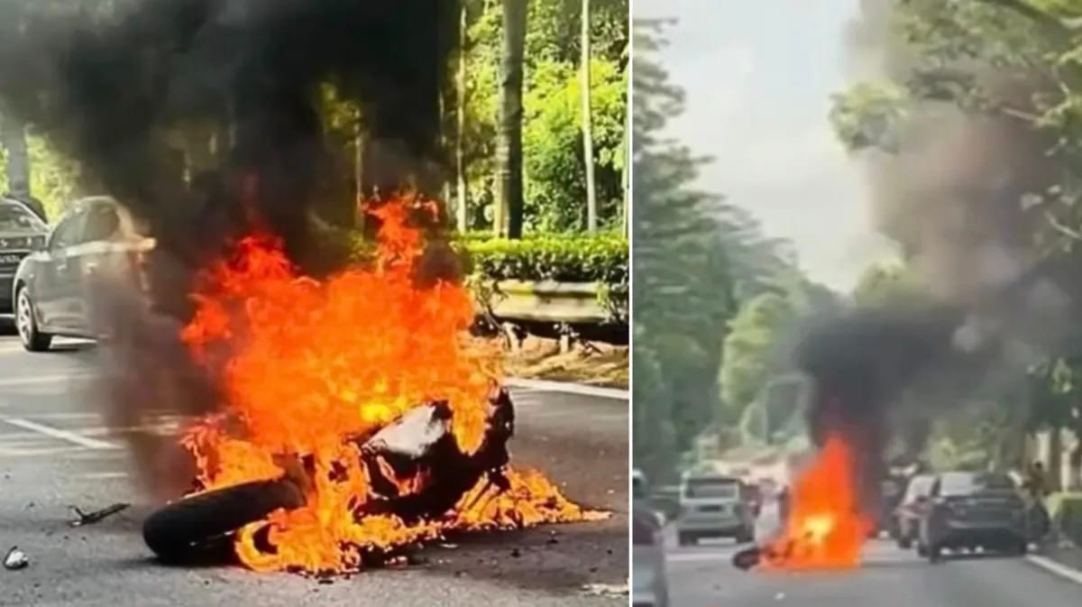 Dramatic '10 feet high' blaze after accident on BKE involving motorbike, car and van; motorcyclist taken to hospital