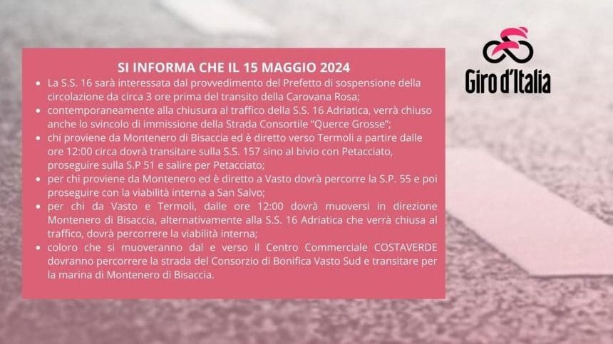 Giro d'Italia: viabilità sulla statale 16 e dintorni nel territorio di Montenero