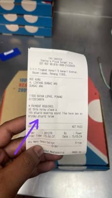 Penang police investigating Bayan Lepas pizza receipt with words deemed insulting to Islam